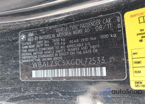 2012 BMW 650I from USA, damaged, VIN WBALZ3C5XCDL72533